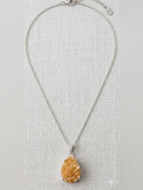 Delicate Silver Tone Chain Necklace  Raw Citrine Crystal Pendant - Minimalist